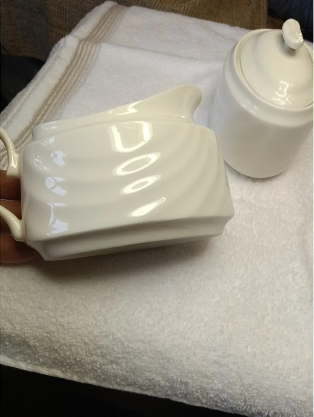 Vintage International China Ultra Bone White Swirl Sugar Bowl with Lid & Creamer
